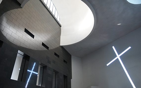Interior of the Chapel of St. Basil on the University of St. Thomas – Houston campus, with all the interior light coming from above