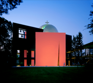 A rendering of the Chapel of St. Basil to show what it looks like with a red light.
